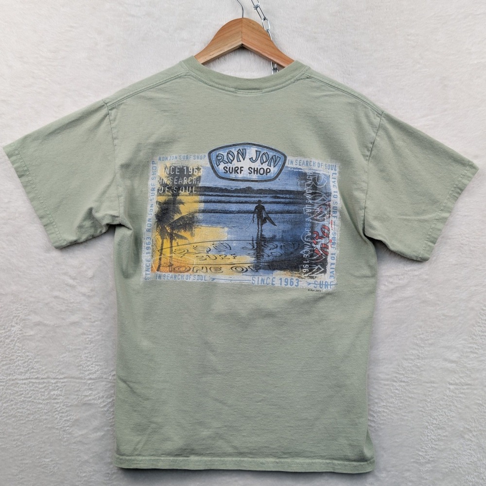 VTG Ron Jon Surf Shop T-Shirt Men's S Sage Green Faded Beach Sunset Surfer Y2K